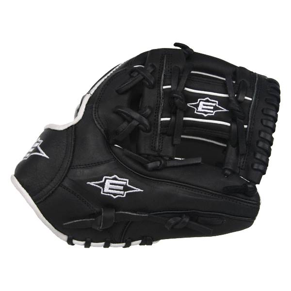 Front view of a black baseball glove with white stitching and Easton E logos.