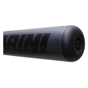 Side view of a gray DeMarini slow pitch softball bat with black lettering and a black end cap.