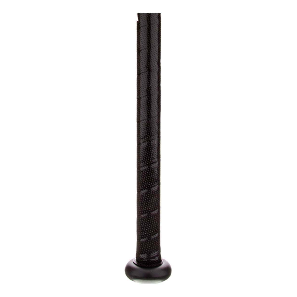 Bottom view of a black baseball bat with a textured grip and end cap.