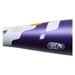 Close-up of a purple softball bat with white and yellow accents, ISF 2005 CERTIFIED, and USSSA 1.15 BPF logos.