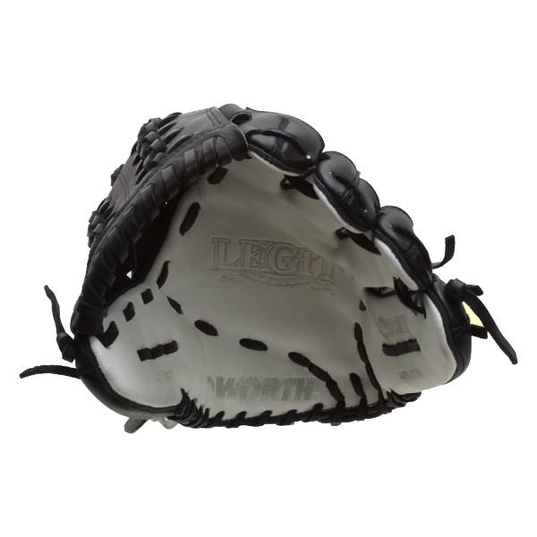 Top-down view of a black and white softball glove with LEGIT and WORTH branding.