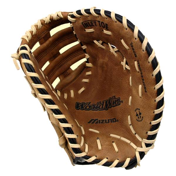Interior view of a brown Mizuno World Win Series first base mitt with INLET TOE and World Win text.