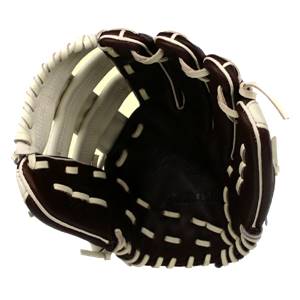Inside view of a brown and white baseball glove with white stitching and a Mizuno logo.