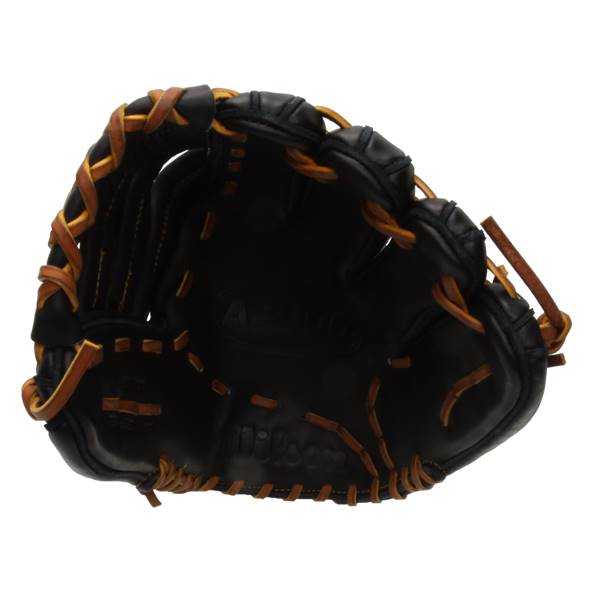 Top-down view of a black baseball glove with tan lacing and a Wilson logo.