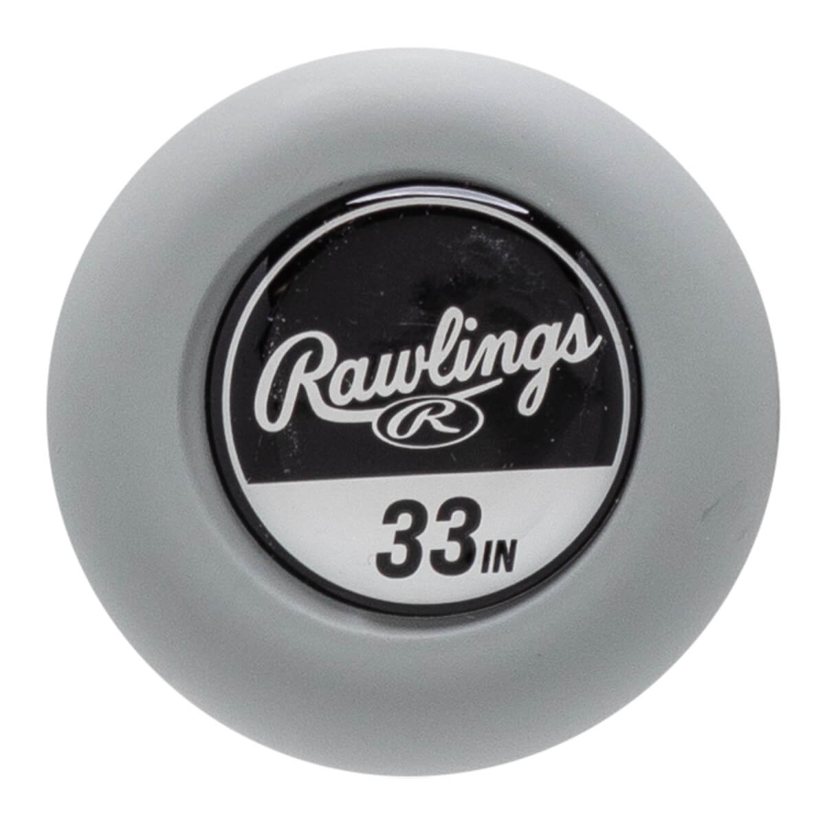 Top-down close-up of a gray bat end cap with a black circular insert featuring the white Rawlings logo and 33 IN text.