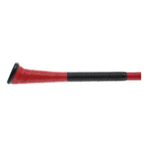 Side view of a red and black baseball bat with a textured grip and red barrel.