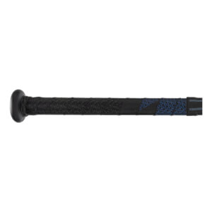 Side view of a black baseball bat with a textured grip and blue circular pattern.
