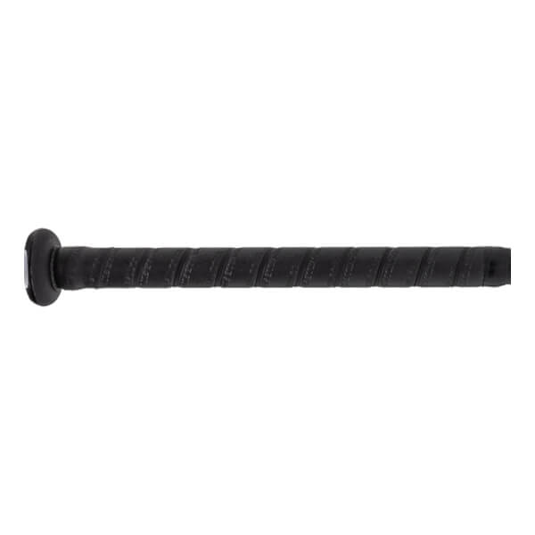 Close-up side view of a black baseball bat handle with a black knob and textured spiral-wrapped grip.