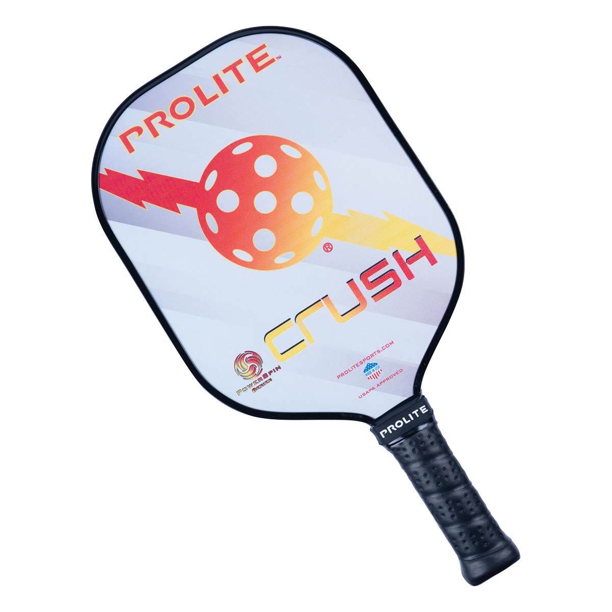 Front view of a white pickleball paddle with orange pickleball graphic, CRUSH text, and black grip.