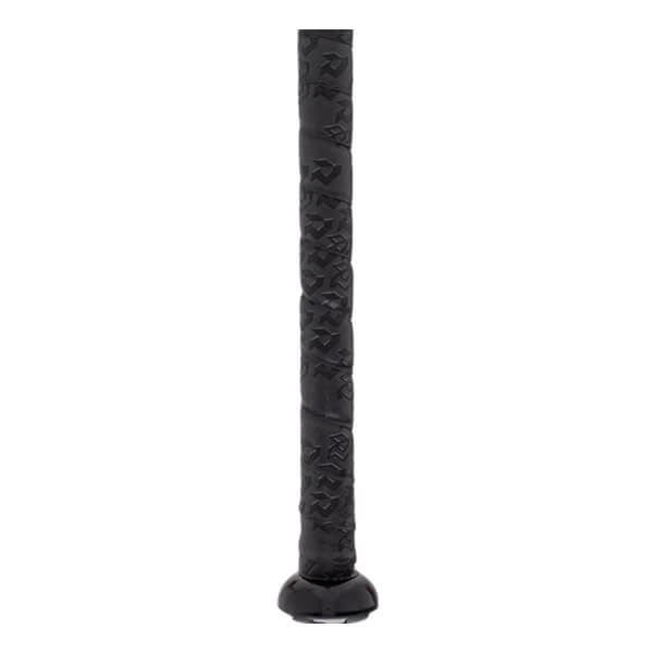 Handle view of a black fastpitch softball bat with an embossed grip pattern and a shiny rounded knob.