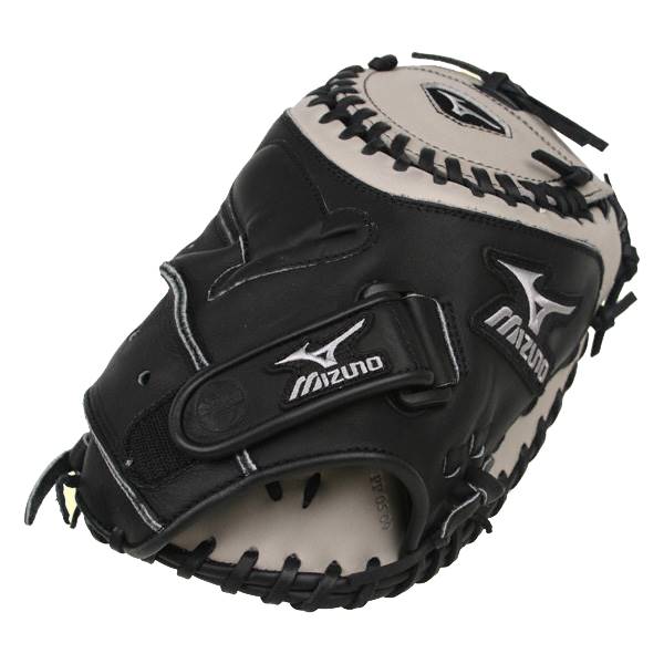Front view of a black and tan catchers mitt with Mizuno branding and white stitching.