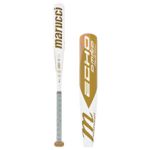 Side view of a white and gold fastpitch softball bat with Marucci branding and ECHO DMND ALLOY on the barrel.