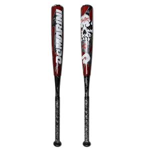 Front view of two red baseball bats with DeMarini text and skull graphics.