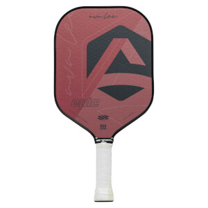 Front view of a red pickleball paddle with a large black geometric design, epic text, and a white grip.