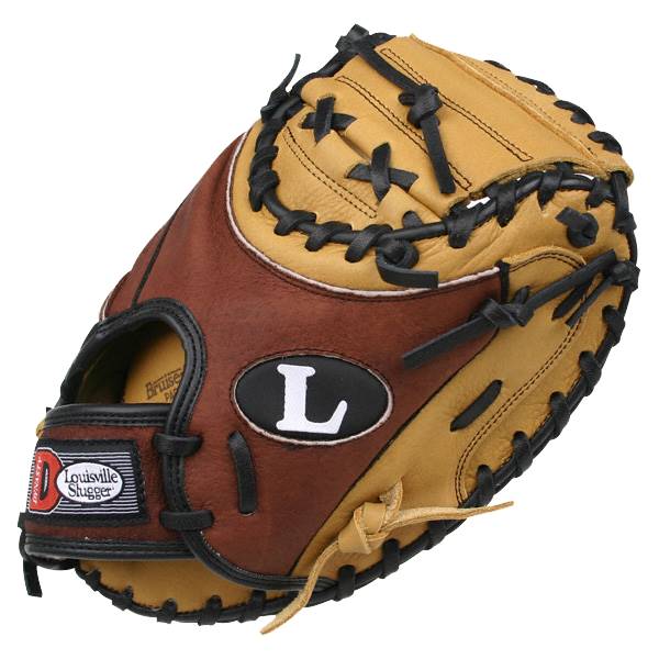 Top-down view of a brown and tan catchers mitt with black lacing and oval logos.
