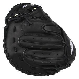 Front view of a black catchers mitt with white Easton branding and detailed lacing.