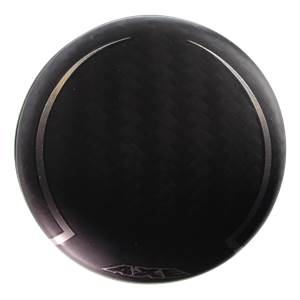 Top-down view of a black baseball bat end with carbon fiber texture and silver Axe logo.