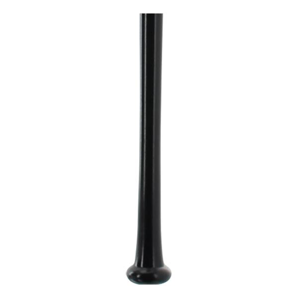 Side view of a black baseball bat with a rounded knob and tapered barrel.