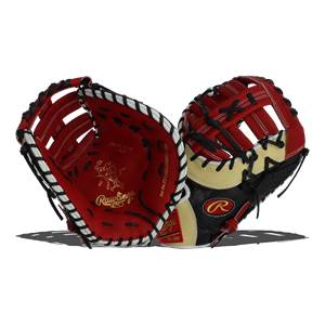 Top-down view of red and black Rawlings first base mitt with tan accents and R logo.