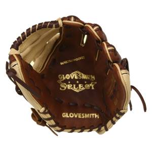 Interior view of a brown baseball glove with gold GloveSmith Select branding and SureTrap Pocket text.