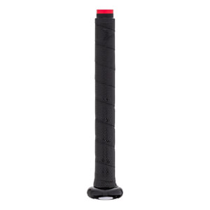 Close-up of a black baseball bat grip with a red end cap and a glossy black knob.