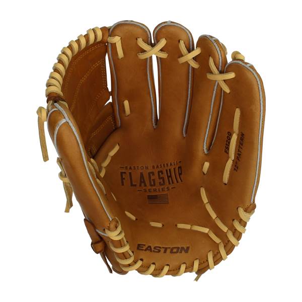 Top-down view of a brown baseball glove with EASTON BASEBALL FLAGSHIP SERIES and FS1200 12 PATTERN text.