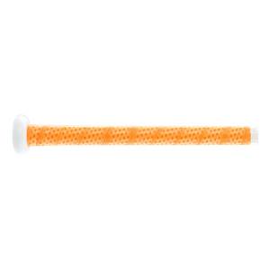 Side view of an orange fastpitch softball bat with a white end cap and textured grip.
