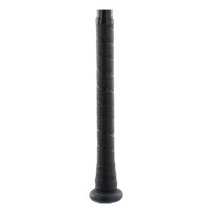 Close-up of a black baseball bat grip with a textured pattern and a black end cap.