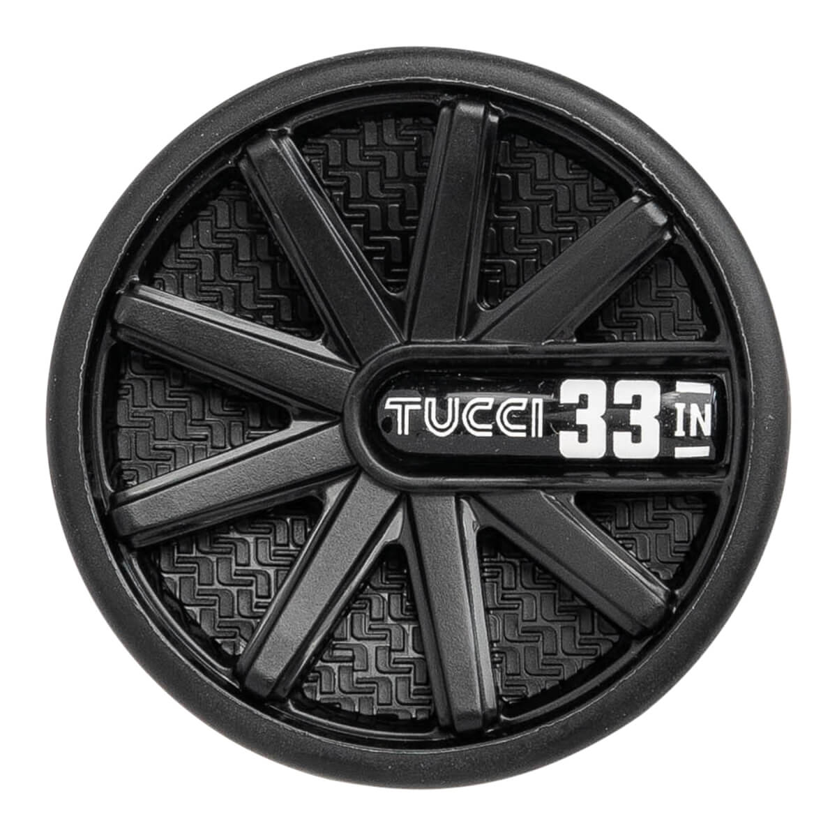 Top-down view of the circular black end cap featuring a spoke design and the text "TUCCI 33 IN" displayed in white.