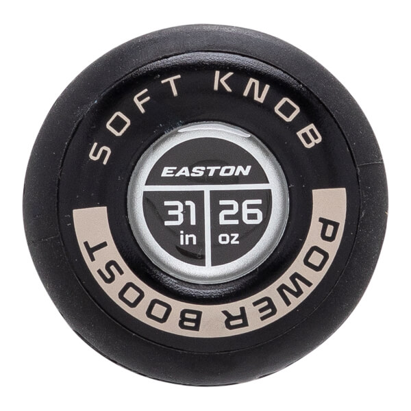 Top-down close-up of a black baseball bat knob with SOFT KNOB and POWER BOOST text, and EASTON 31 in 26 oz in the center.