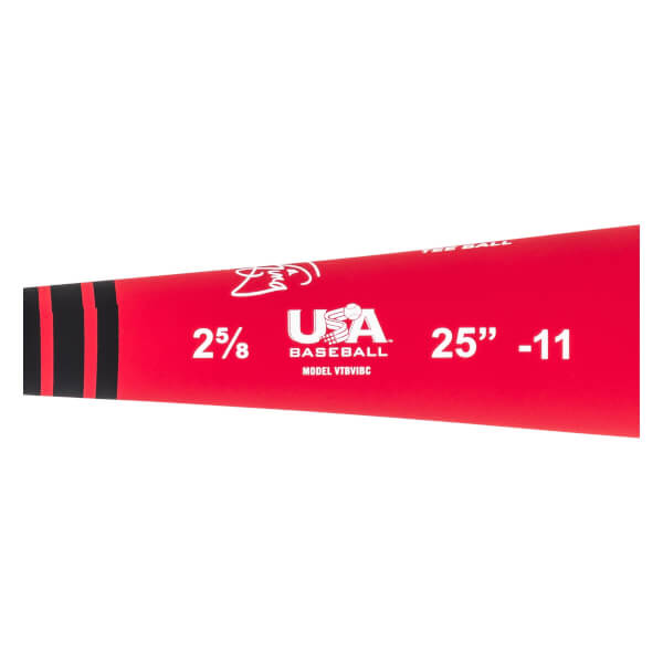 Side view of a red baseball bat with black stripes, USA Baseball logo, and 25\ -11 markings.