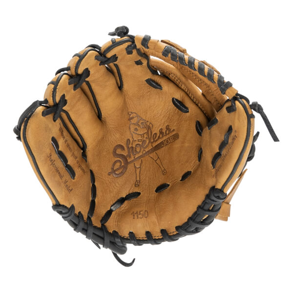 Top-down view of a tan baseball glove with black lacing, a Shoeless Joe logo, and 1150 printed in the palm.