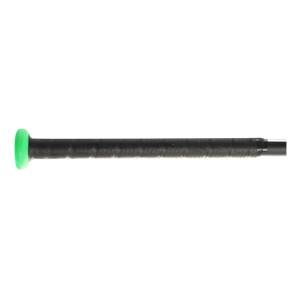 Side view of a black baseball bat with a green end cap and textured grip.