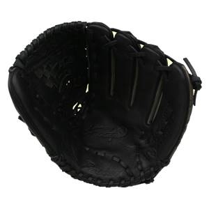 Top-down view of a black Easton Synergy Fastpitch Series glove with a webbed pocket and stitched finger stalls.