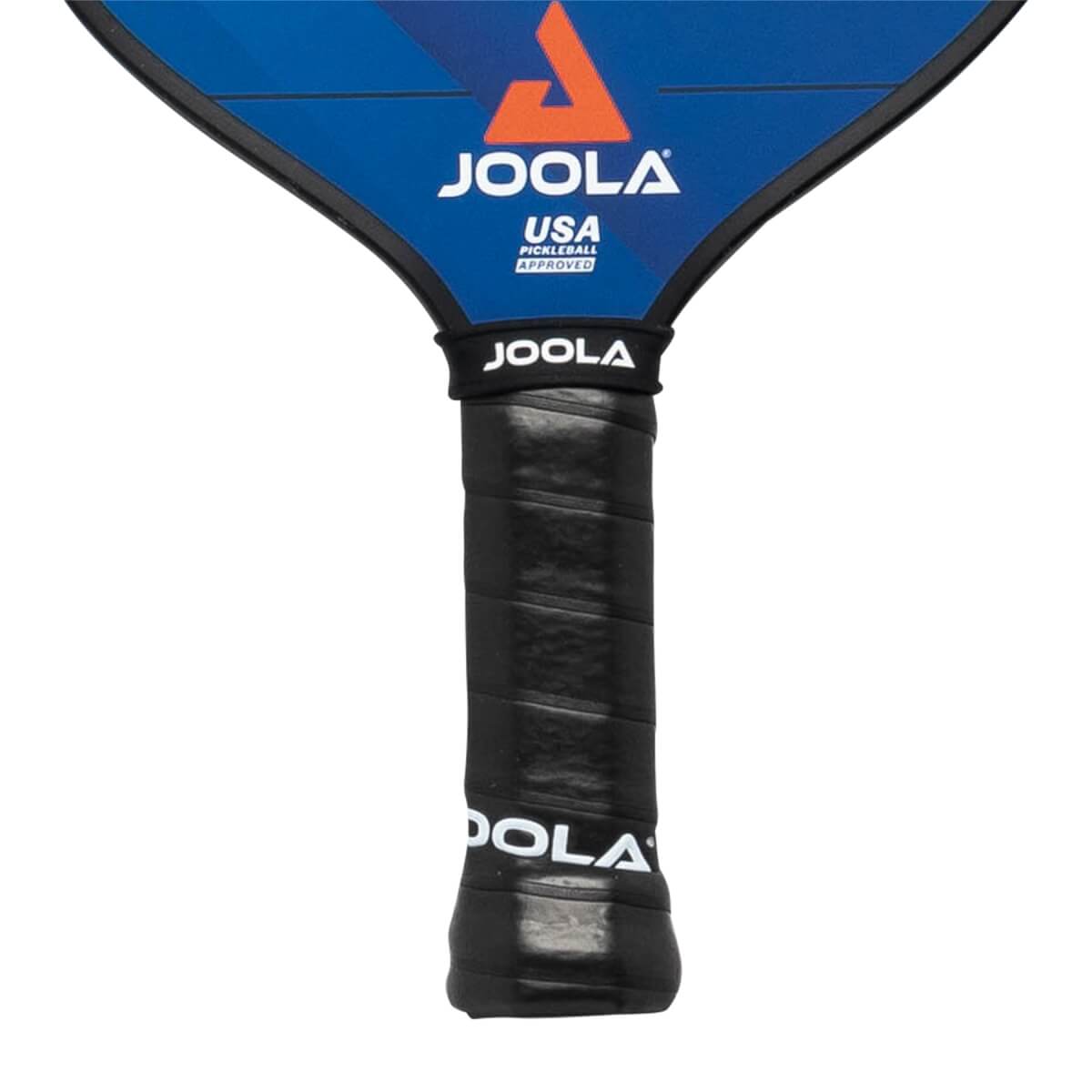 Close-up of a black pickleball paddle grip with JOOLA branding and USA Pickleball Approved text.