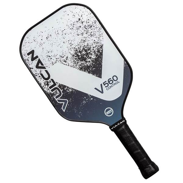 Top-down view of a white and black pickleball paddle with a V560 Control logo and Vulcan branding.
