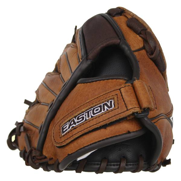 Side view of a brown baseball glove with EASTON branding and stitched lacing.