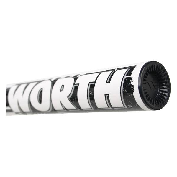Side view of a white and black softball bat with WORTH logo and black end cap.