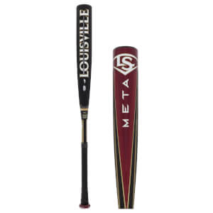 Front view of a black Louisville Slugger Meta baseball bat with gold accents and a red end cap.