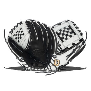 Front and back views of a black and white softball glove featuring a checkered basket web, gold Wilson logo, and embossed Wilson and A2000 text.