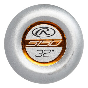 Top-down view of a silver baseball bat with a Rawlings logo, 5150, and 32 markings.