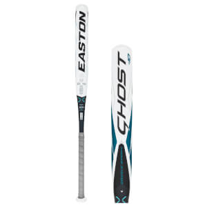 Front view of a white Easton Ghost Double Barrel -10 fastpitch softball bat with teal accents and a grey grip.