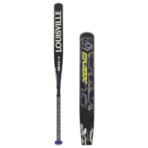 Side view of a black fastpitch softball bat with LOUISVILLE text, a purple grip, and a yellow XENO barrel design.