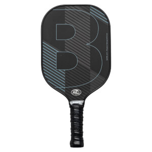 Front view of a black pickleball paddle with a large blue B graphic and USA Pickleball logo.