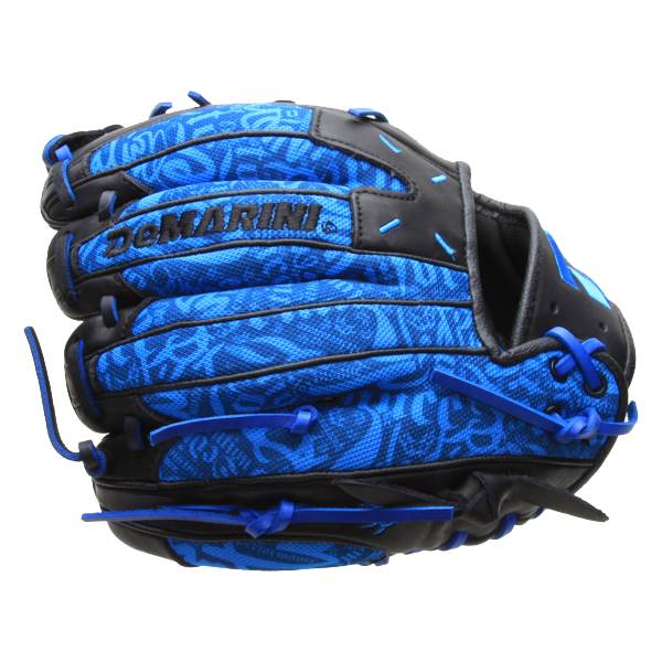 Side view of a blue and black baseball glove with DeMarini branding and a patterned design.