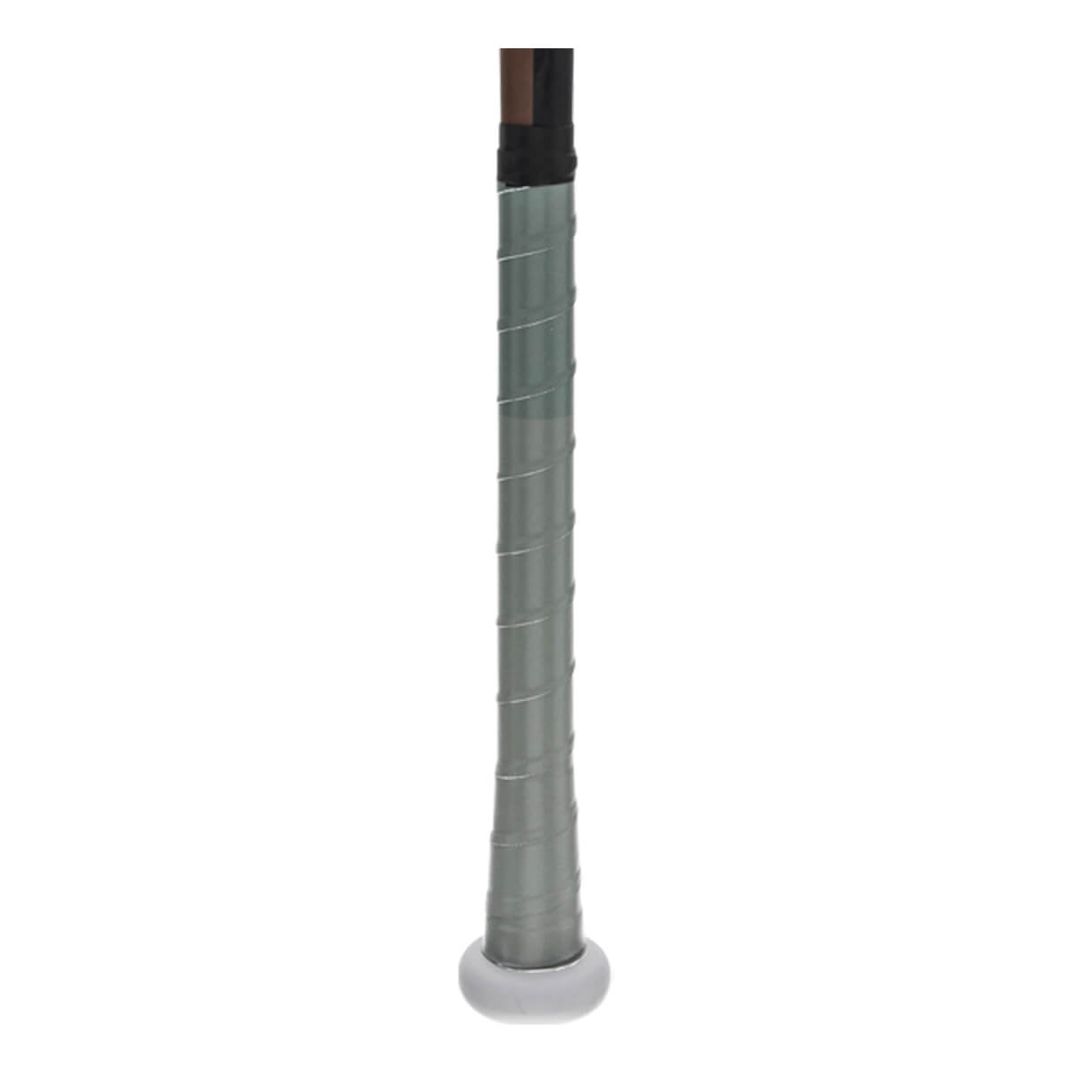 A close-up view of the bat handle shows grey spiral-wrapped grip tape with a black band at the top and a flared white knob at the bottom.