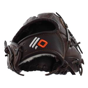 Side view of a brown baseball glove with white and orange 11.0 logo and white fur lining.