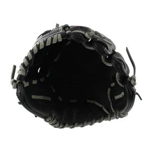 Top-down view of a black baseball glove with grey stitching and a deep pocket.