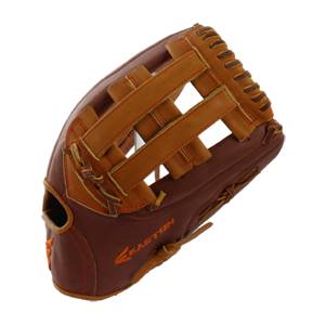 Side view of a brown baseball glove with tan lacing and an orange Easton logo.