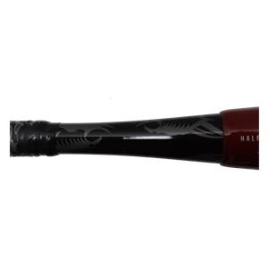 Side view of a black baseball bat with tribal graphics and HALF text.